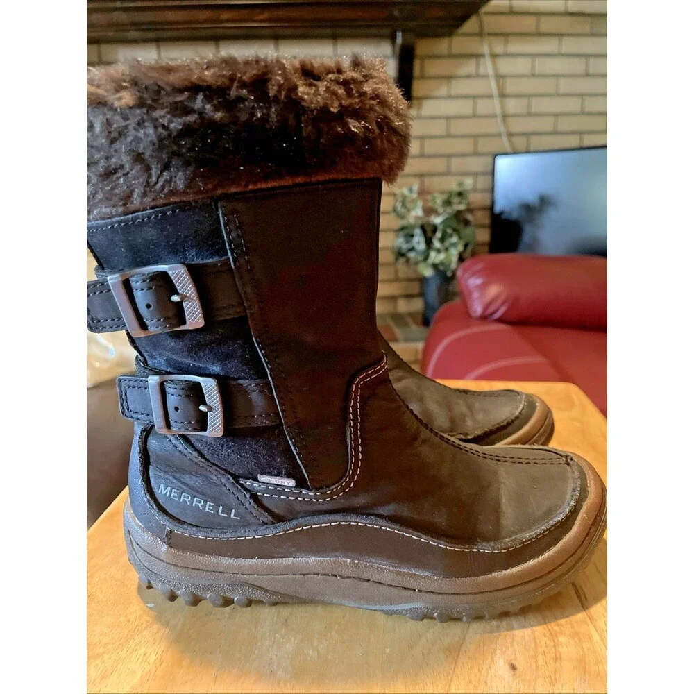 Merrell Boot Women's Size 6 Decora Chant Black Zip Faux Fur Waterproof Snow Work